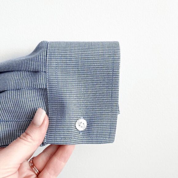 Michael Kors Mens Non Iron Shirt Button Long Sleeve Houndstooth Blue 16 Neck - Picture 3 of 8